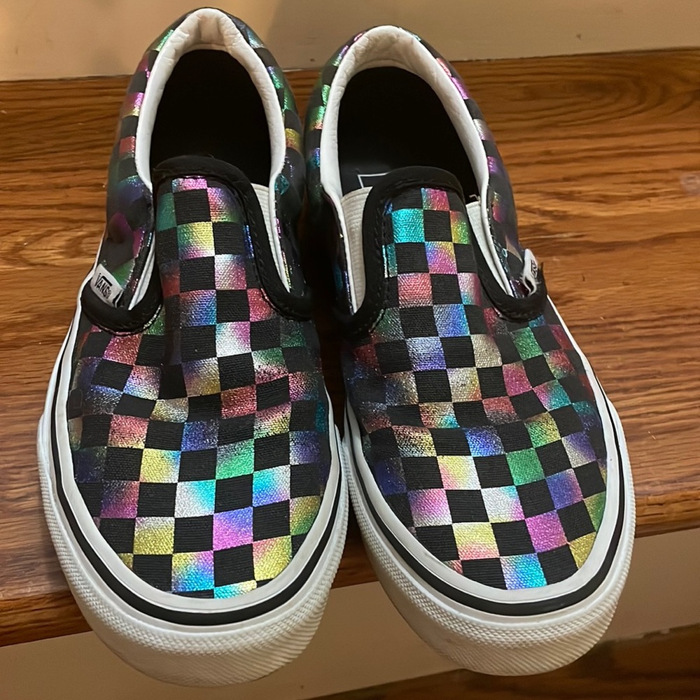 Checker board black colorful iridescent Vans slip on sneakers- Size 2.5